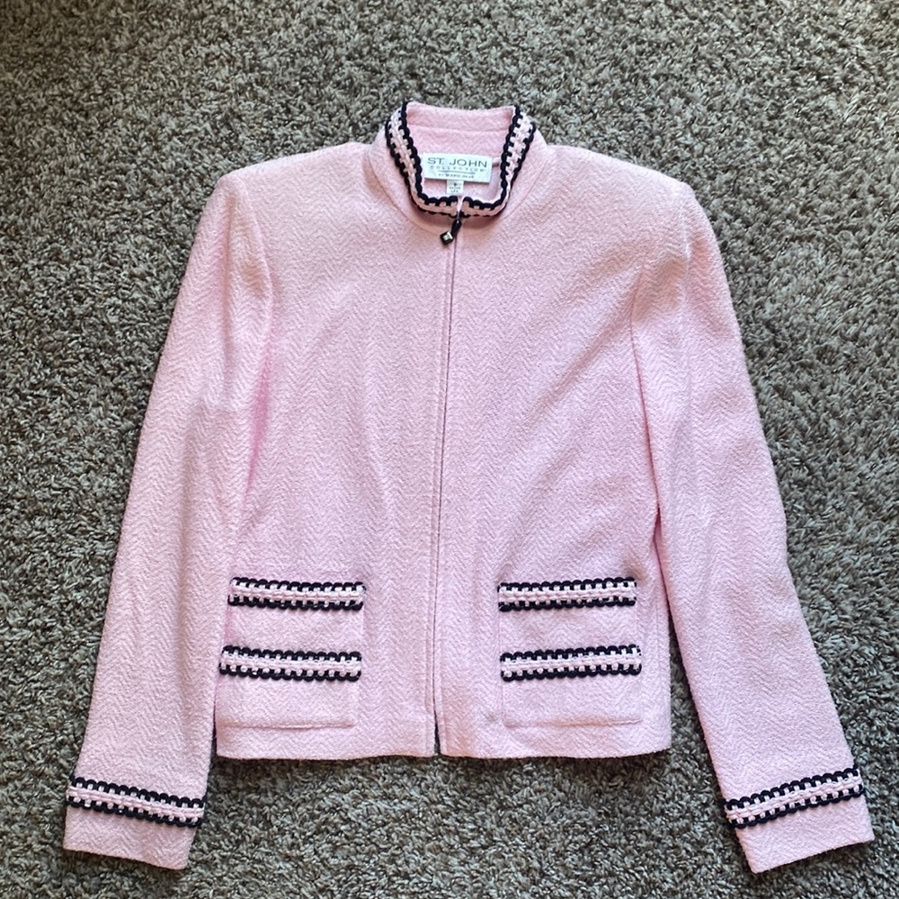 St. John Pink Textured Zip-Front Knit Blazer with Black Trim